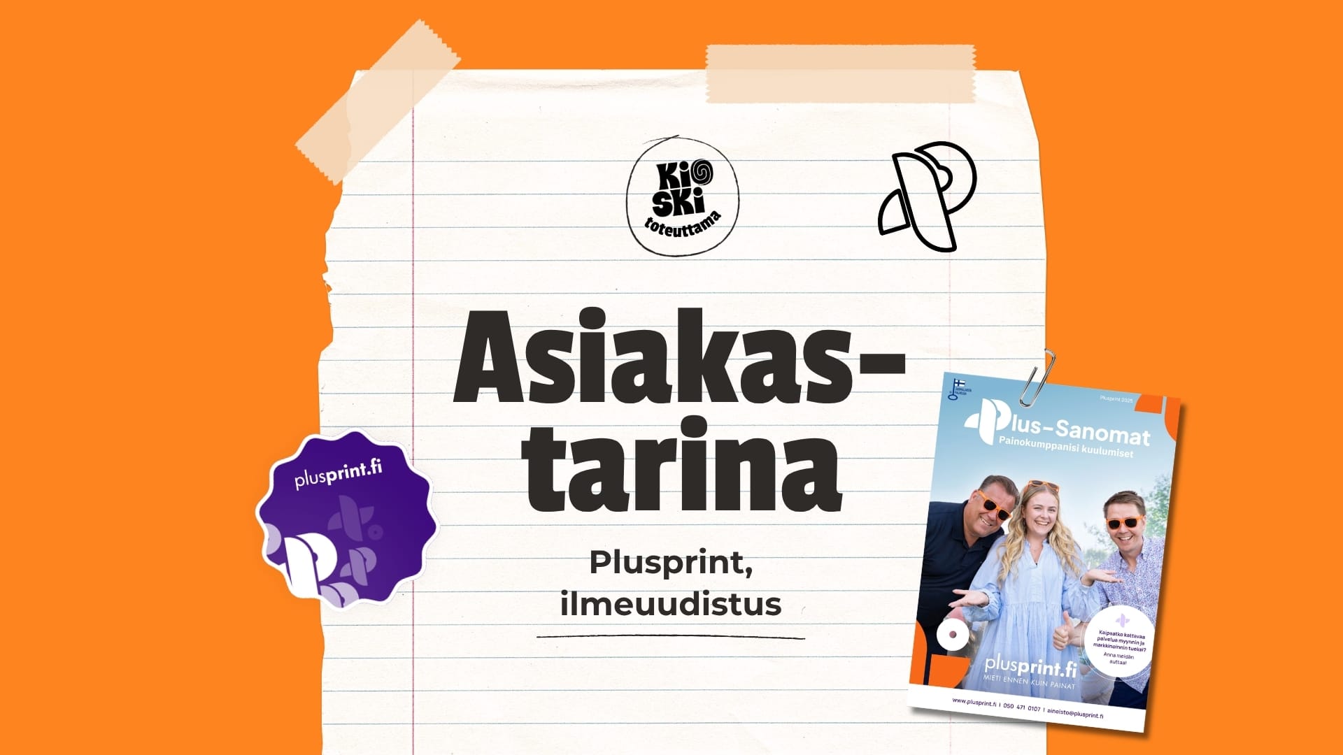 Asiakastarina: Plusprint, ilmeuudistus. Esillä Plusprintin logo, lila tarra ja Plus-Sanomat-esite.